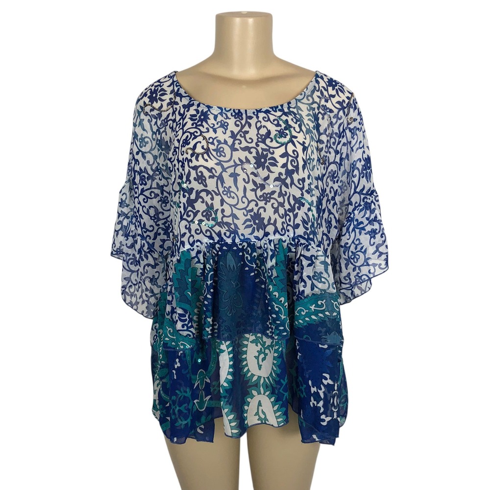Marilu Beaded Sequin Floral Paisley Print‎ Ruffle Boho Tunic Top Large Fairy Y2K
